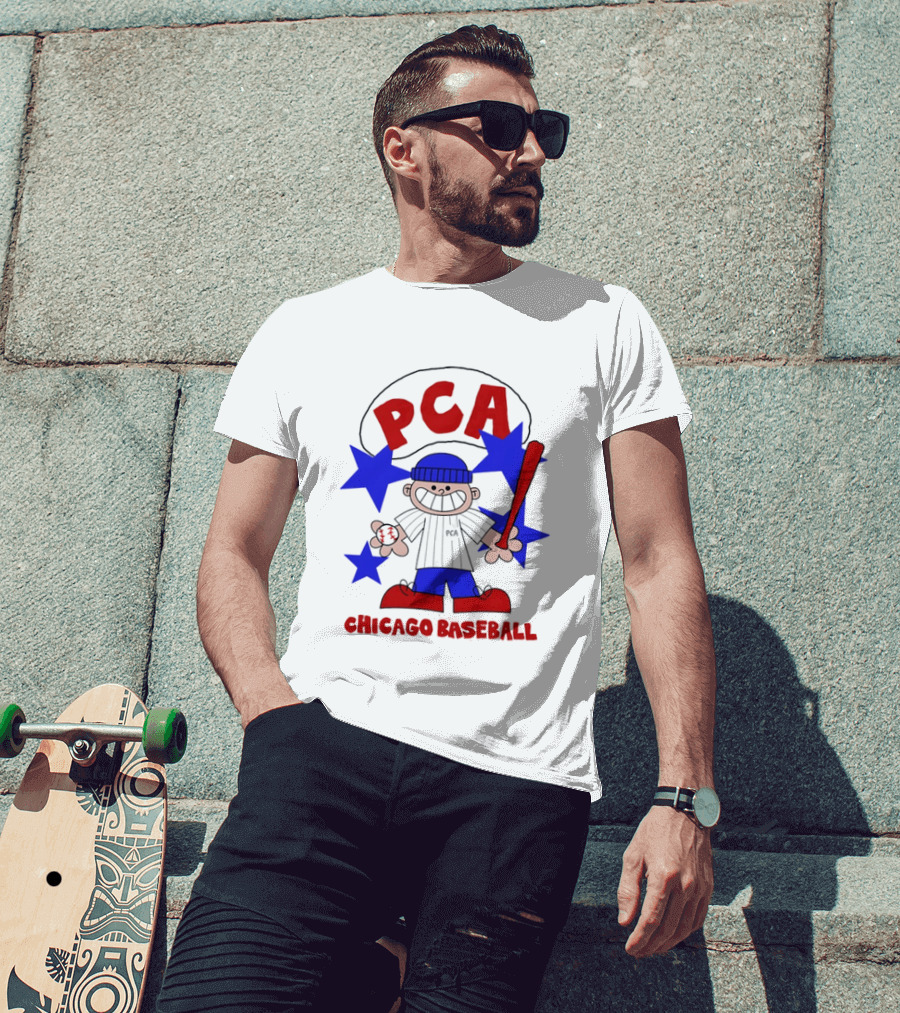 PCA Chicago Baseball Cartoon Youth Kids Sports Humor Red Blue Stars T-Shirt