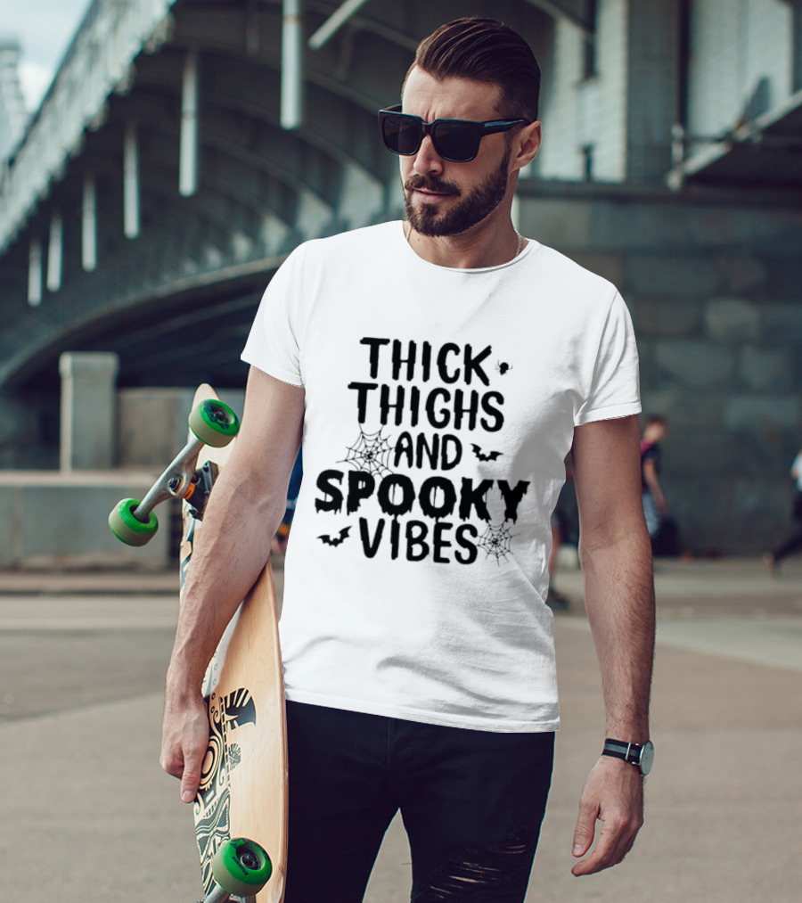 Thick Thighs And Spooky Vibes Halloween 2025 Cartoon With Bats And Spiderwebs T-Shirt