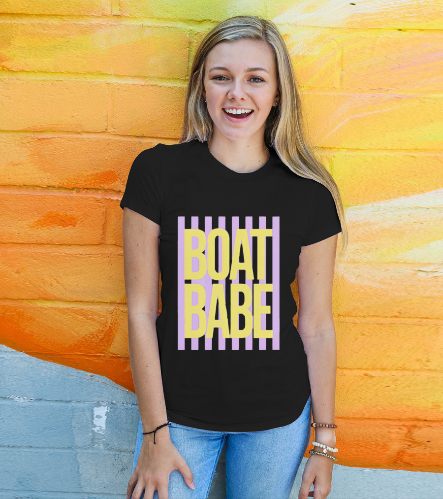 Boat Babe Distressed Striped Nautical Violet Yellow Letters T-Shirt
