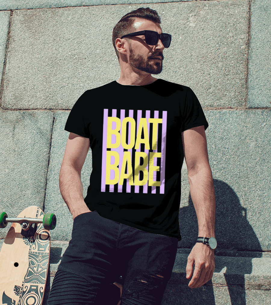 Boat Babe Distressed Striped Nautical Violet Yellow Letters T-Shirt