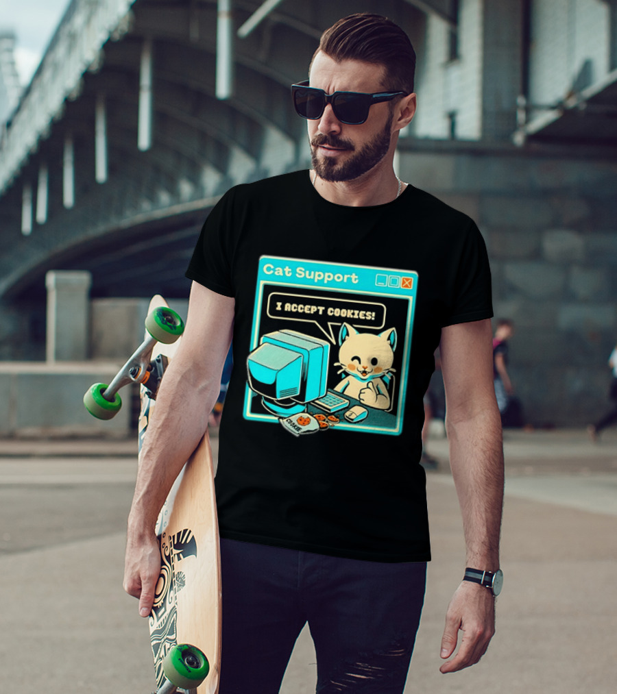 Cat Support I Accept Cookies Computer Cartoon Comic T-Shirt