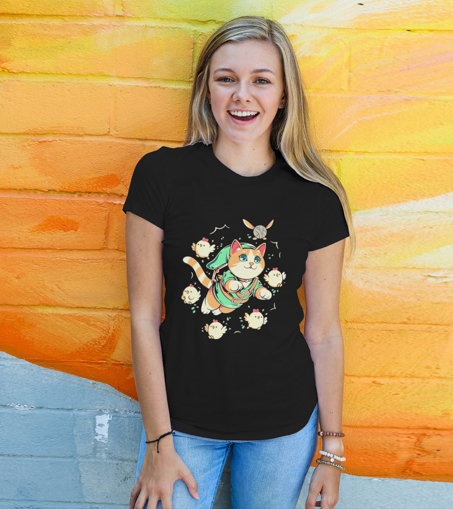 Fantasy Adventurer Cat In Green Tunic With Chickens And Yarn Ball T-Shirt