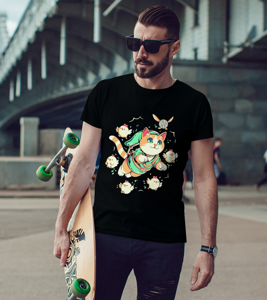Fantasy Adventurer Cat In Green Tunic With Chickens And Yarn Ball T-Shirt