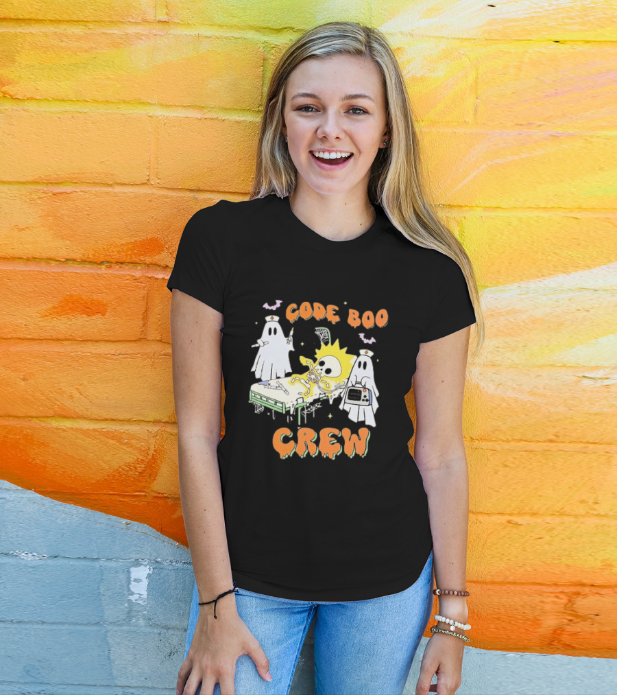 Code Boo Crew Halloween Ghost Nurse Skeleton Scene T-Shirt