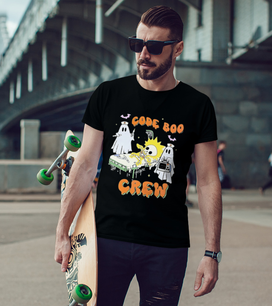 Code Boo Crew Halloween Ghost Nurse Skeleton Scene T-Shirt