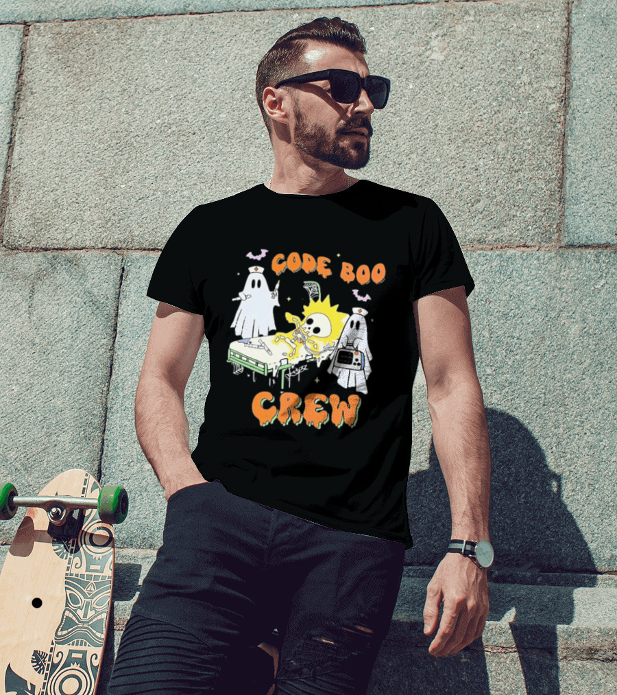 Code Boo Crew Halloween Ghost Nurse Skeleton Scene T-Shirt
