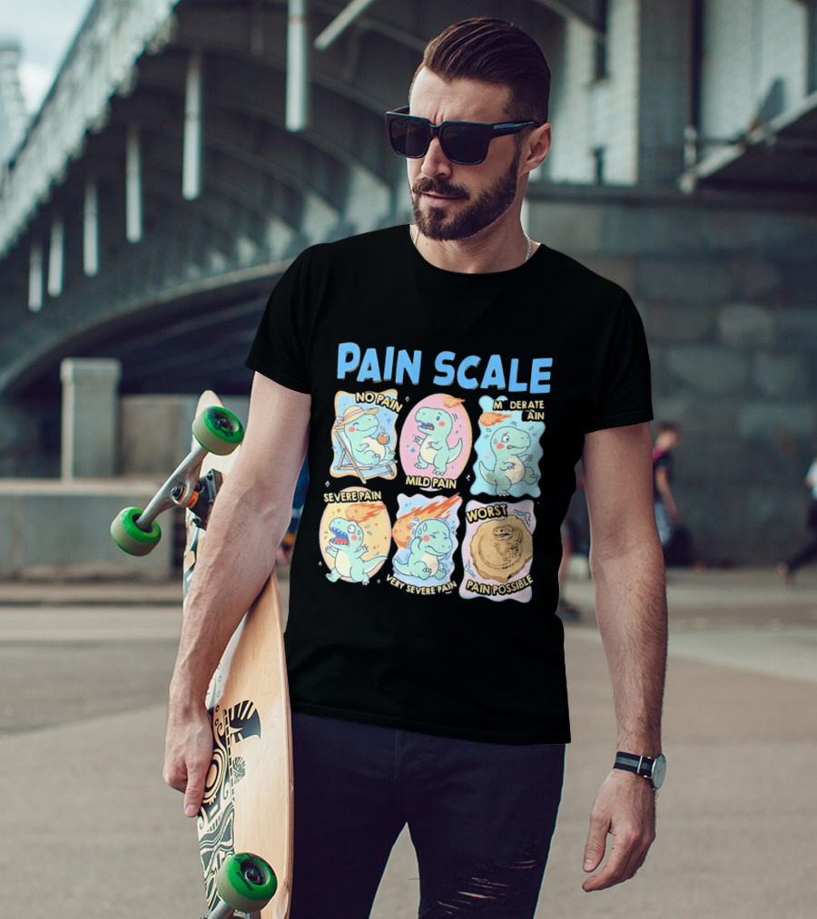 Pain Scale Cartoon Dinosaur Chart No Pain To Worst Pain Possible T-Shirt