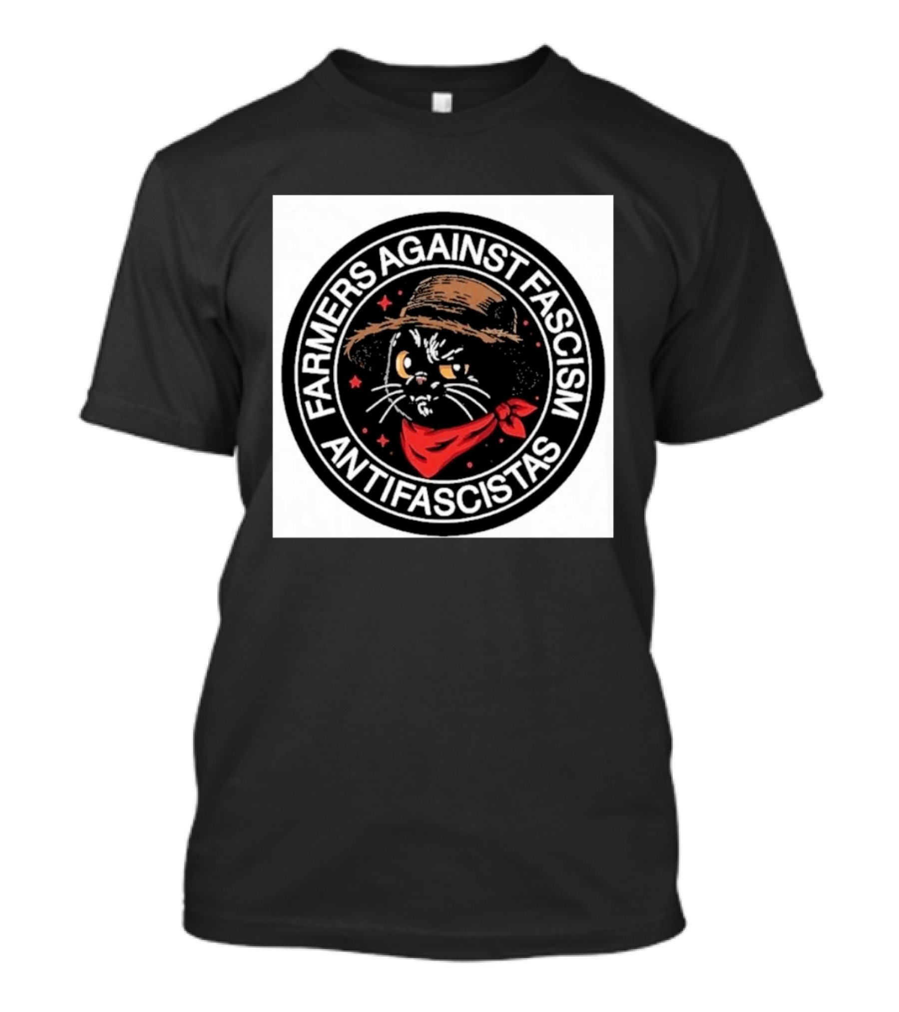 Farmers Against Fascism Antifascistas Cat Straw Hat Red Bandana T-Shirt