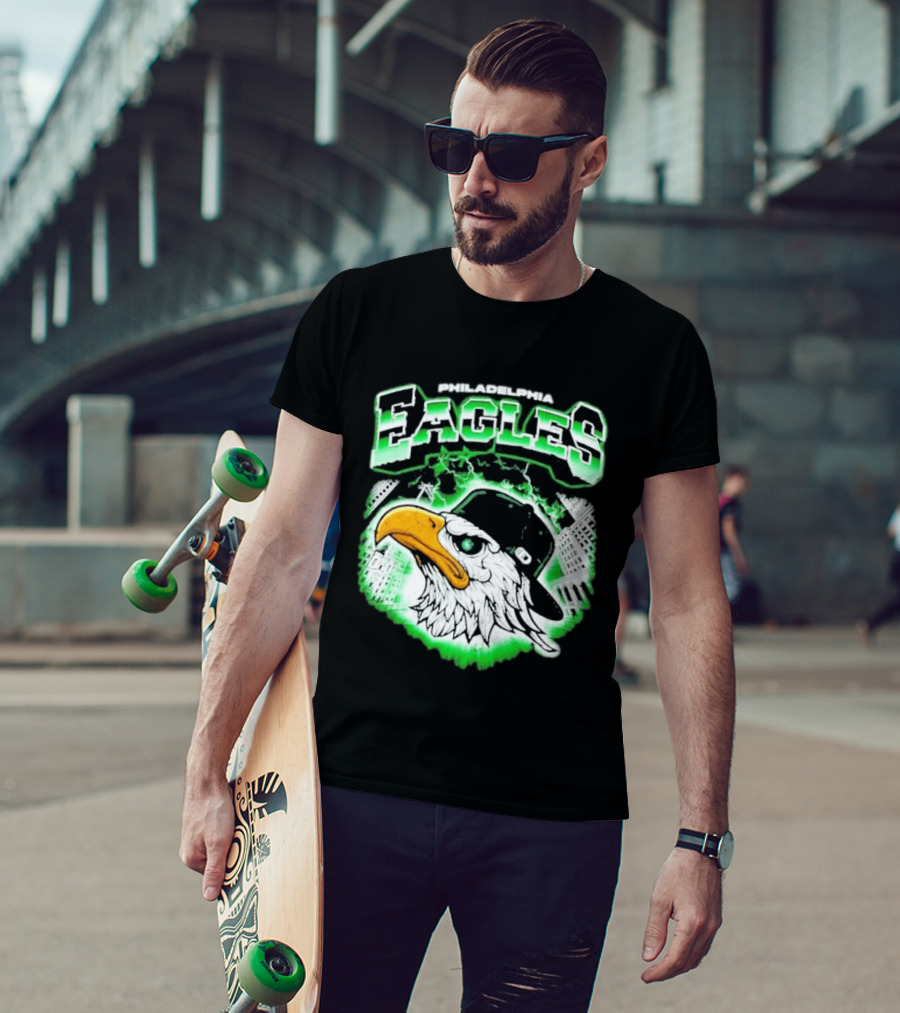 Philadelphia Eagles Mascot With Baseball Cap And City Skyline T-Shirt