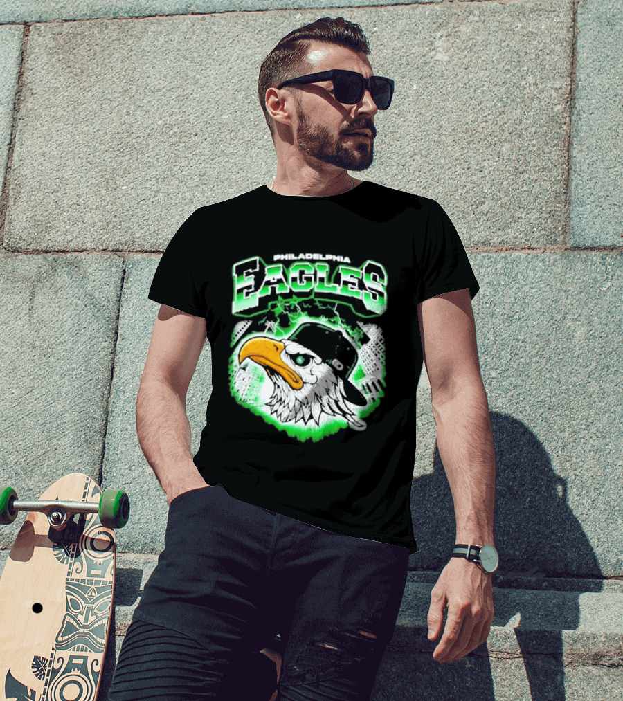 Philadelphia Eagles Mascot With Baseball Cap And City Skyline T-Shirt