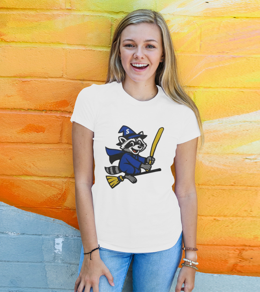 Seattle Mariners Jimothy The Etsy Witch Raccoon Flying Broomstick T-Shirt