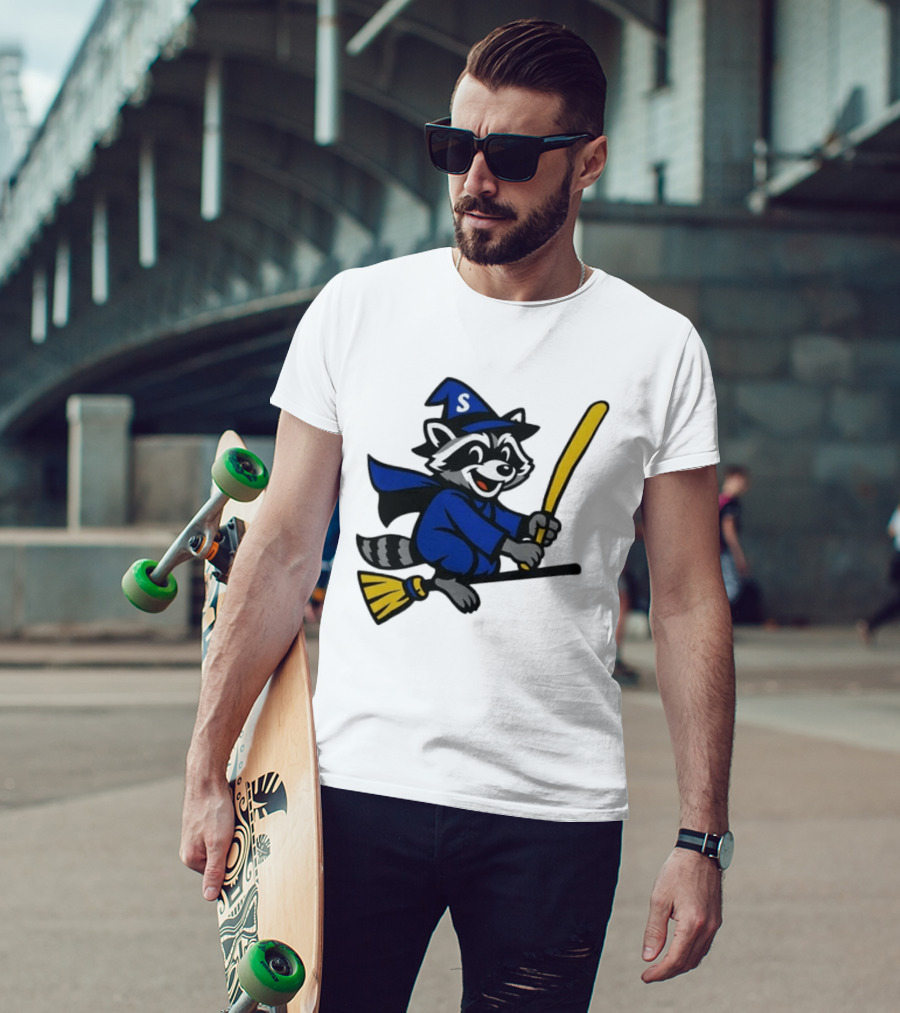 Seattle Mariners Jimothy The Etsy Witch Raccoon Flying Broomstick T-Shirt