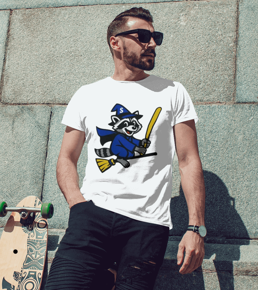 Seattle Mariners Jimothy The Etsy Witch Raccoon Flying Broomstick T-Shirt