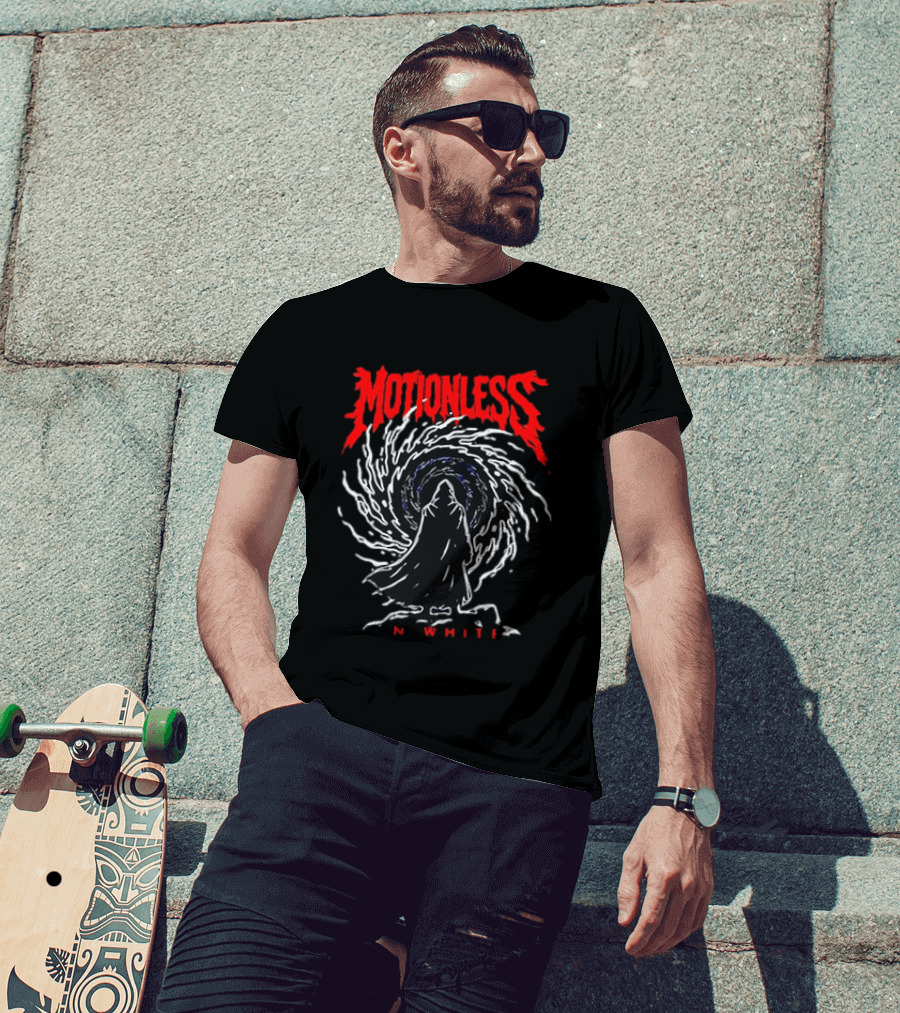 Motionless In White MIW The Sweat And Blood Tour 2026 Be Not Afraid Of The Dark Cloaked Figure Spiral T-Shirt
