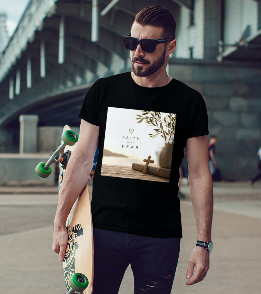 Faith Over Fear Christian Cross Heart With Bible And Olive Branches T-Shirt
