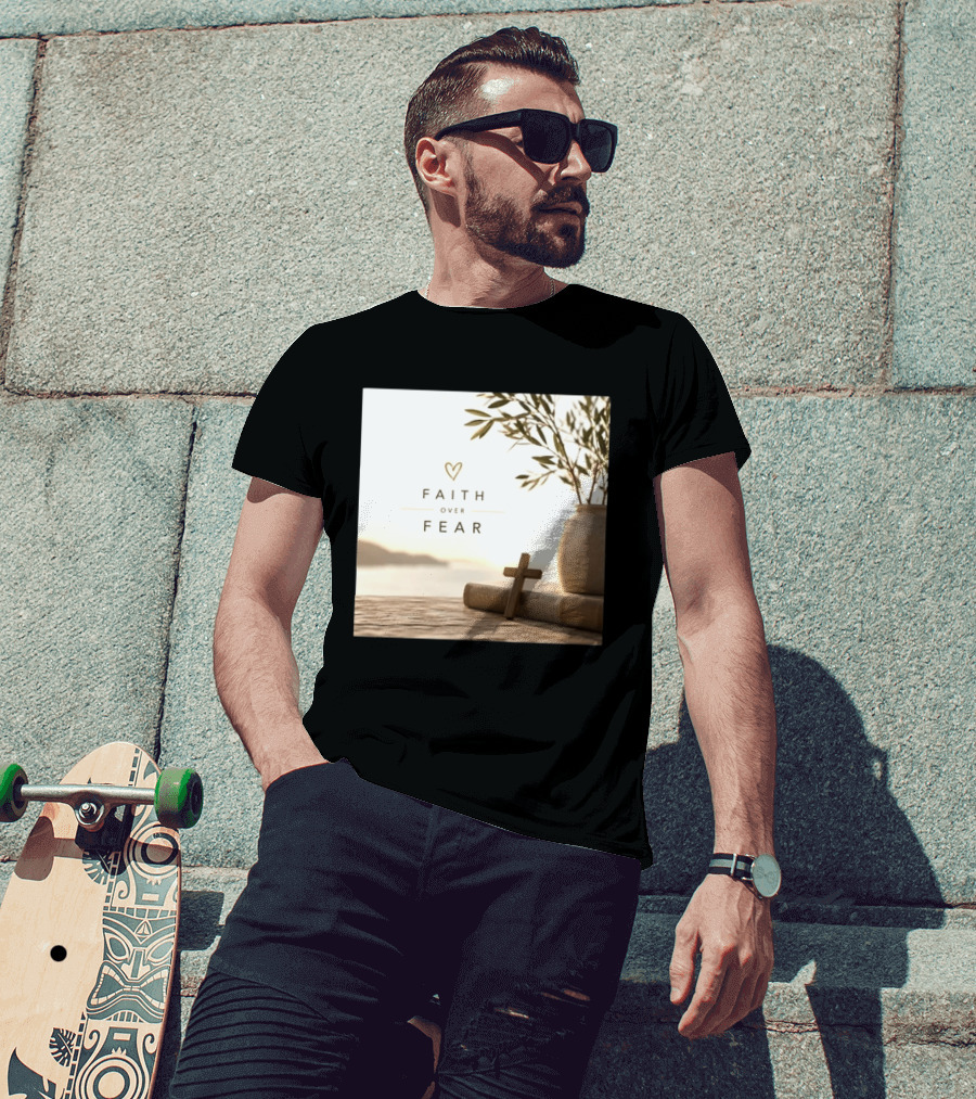 Faith Over Fear Christian Cross Heart With Bible And Olive Branches T-Shirt