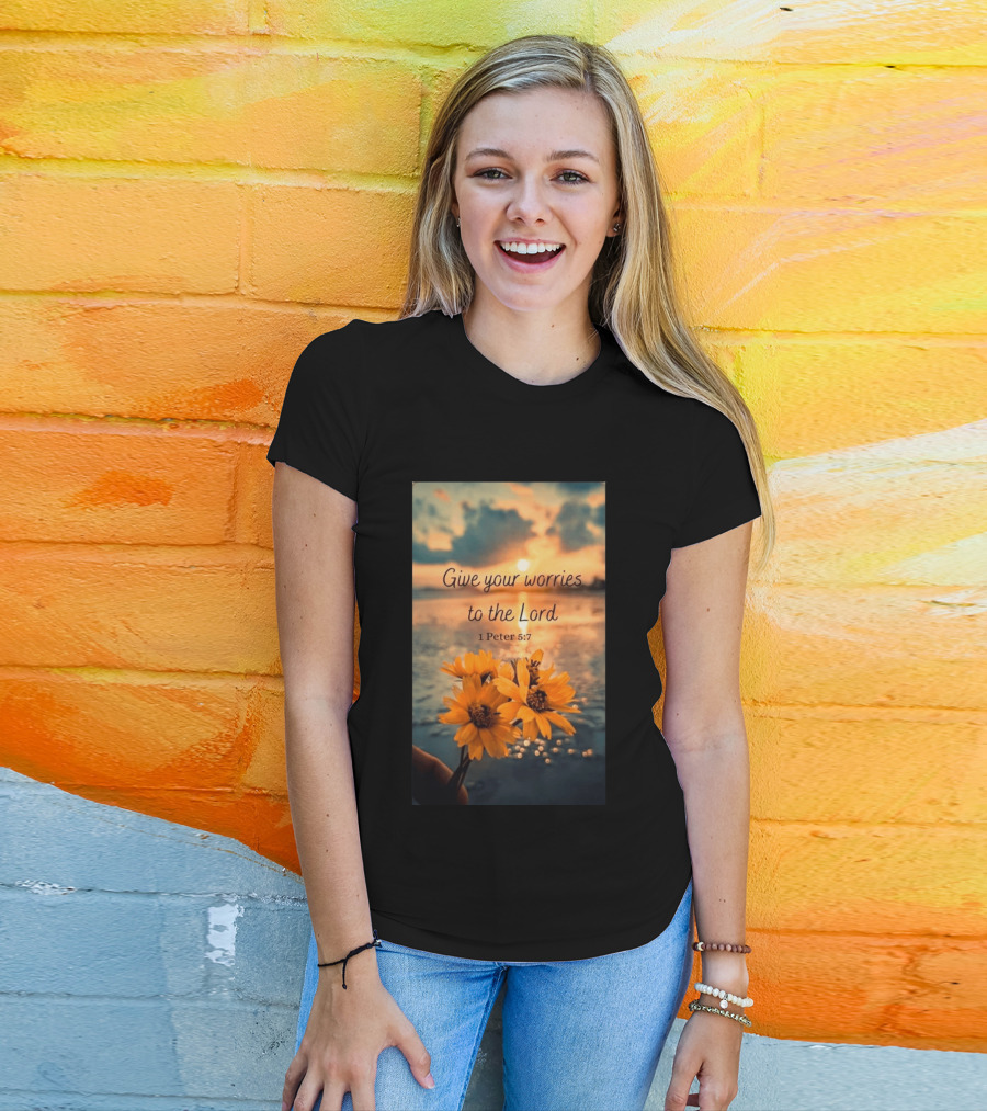 Give Your Worries To The Lord 1 Peter 5:7 Yellow Flowers At Sunset With Ocean T-Shirt