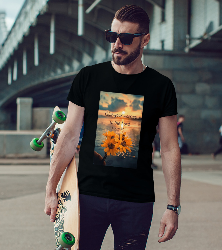 Give Your Worries To The Lord 1 Peter 5:7 Yellow Flowers At Sunset With Ocean T-Shirt