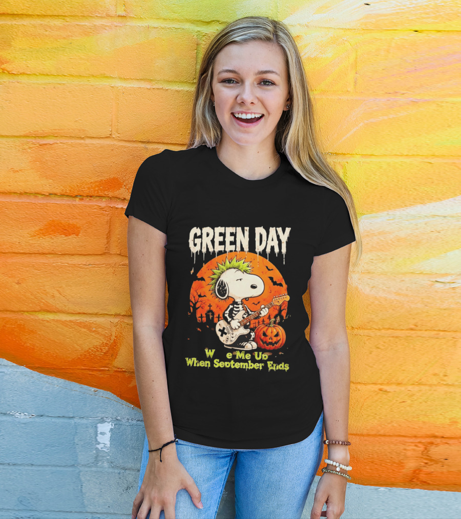 Green Day Snoopy Skeleton Guitar Wake Me Up When September Ends Halloween Pumpkin T-Shirt