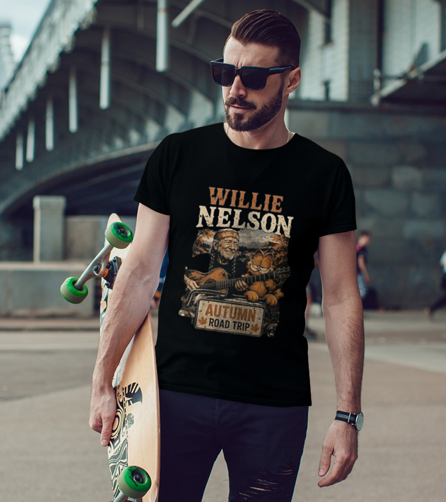 Willie Nelson Autumn Road Trip With Orange Cat T-Shirt