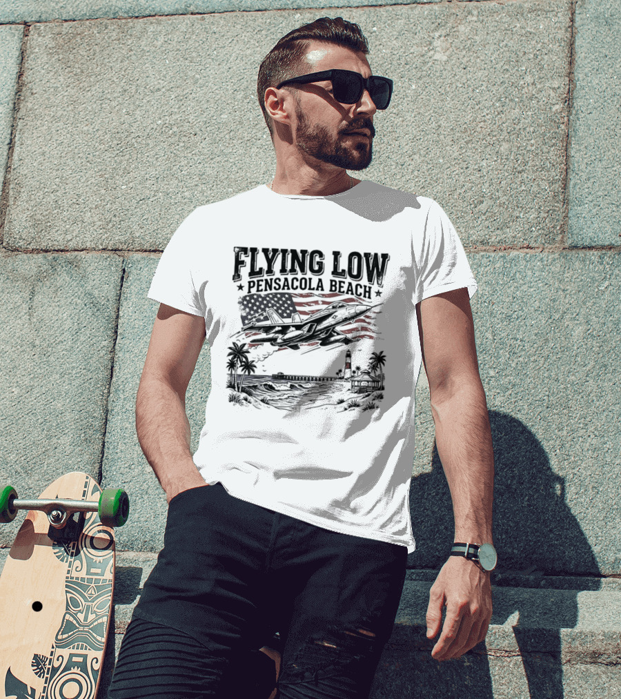 Flying Low Pensacola Beach American Flag Fighter Jet Scenic Beach View T-Shirt