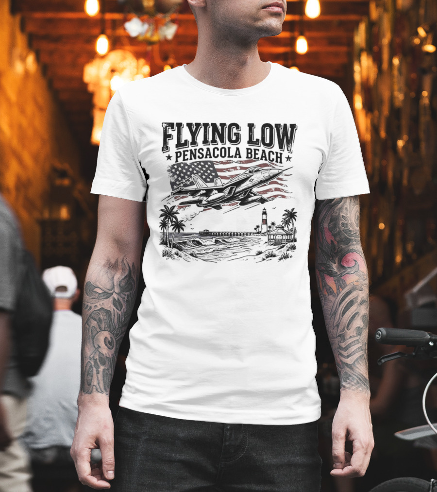 Flying Low Pensacola Beach American Flag Fighter Jet Scenic Beach View T-Shirt