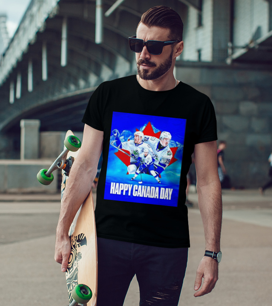 Abbotsford Canucks Happy Canada Day Celebration Collage With Hockey Players And Maple Leaf T-Shirt