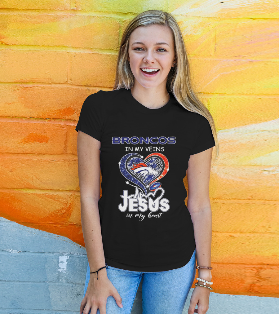 Denver Broncos In My Veins Heart Jesus In My Heart T-Shirt