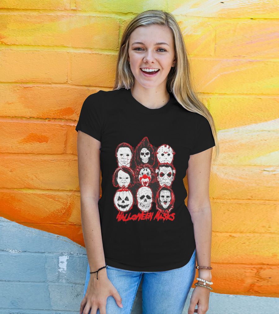 Horror Movie Characters Halloween Masks Skeleton Clown Jack O' Lantern T-Shirt