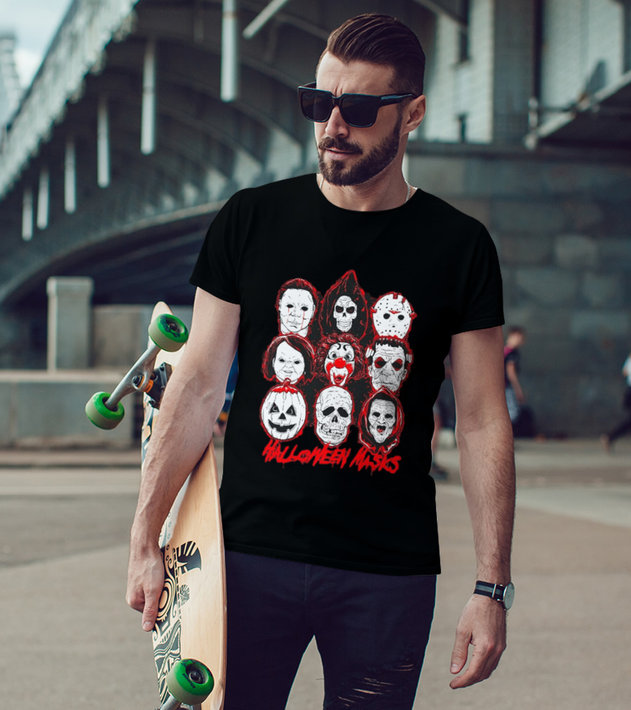 Horror Movie Characters Halloween Masks Skeleton Clown Jack O' Lantern T-Shirt