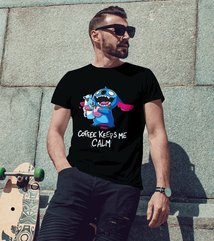 Stitch Coffee Keeps Me Calm Cute Character Drinking Coffee T-Shirt