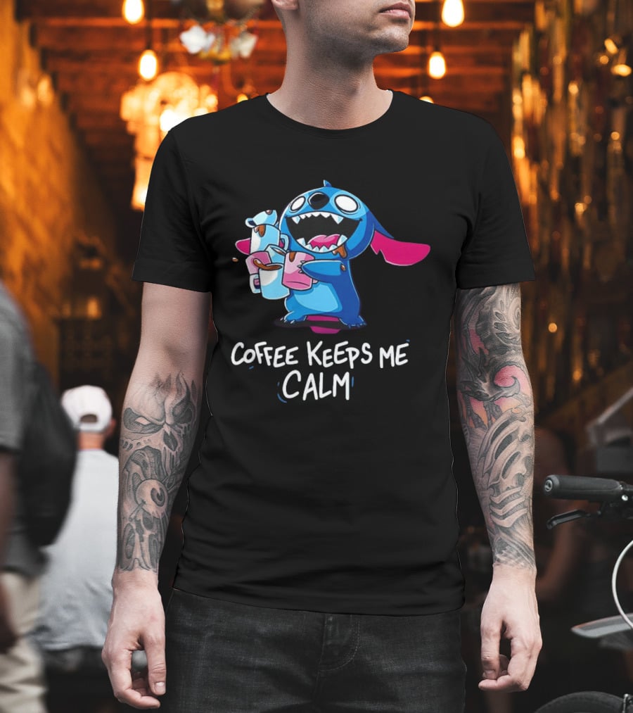 Stitch Coffee Keeps Me Calm Cute Character Drinking Coffee T-Shirt