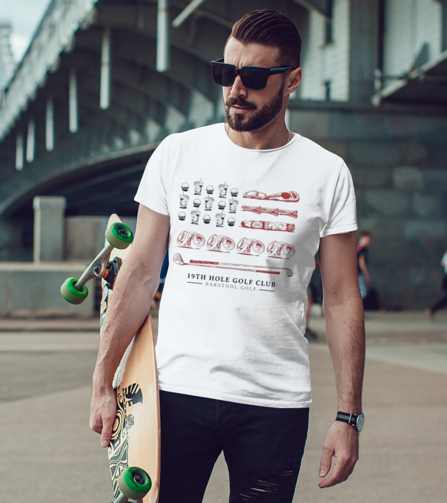 19th Hole Golf Club American Flag Bartool Golf T-Shirt