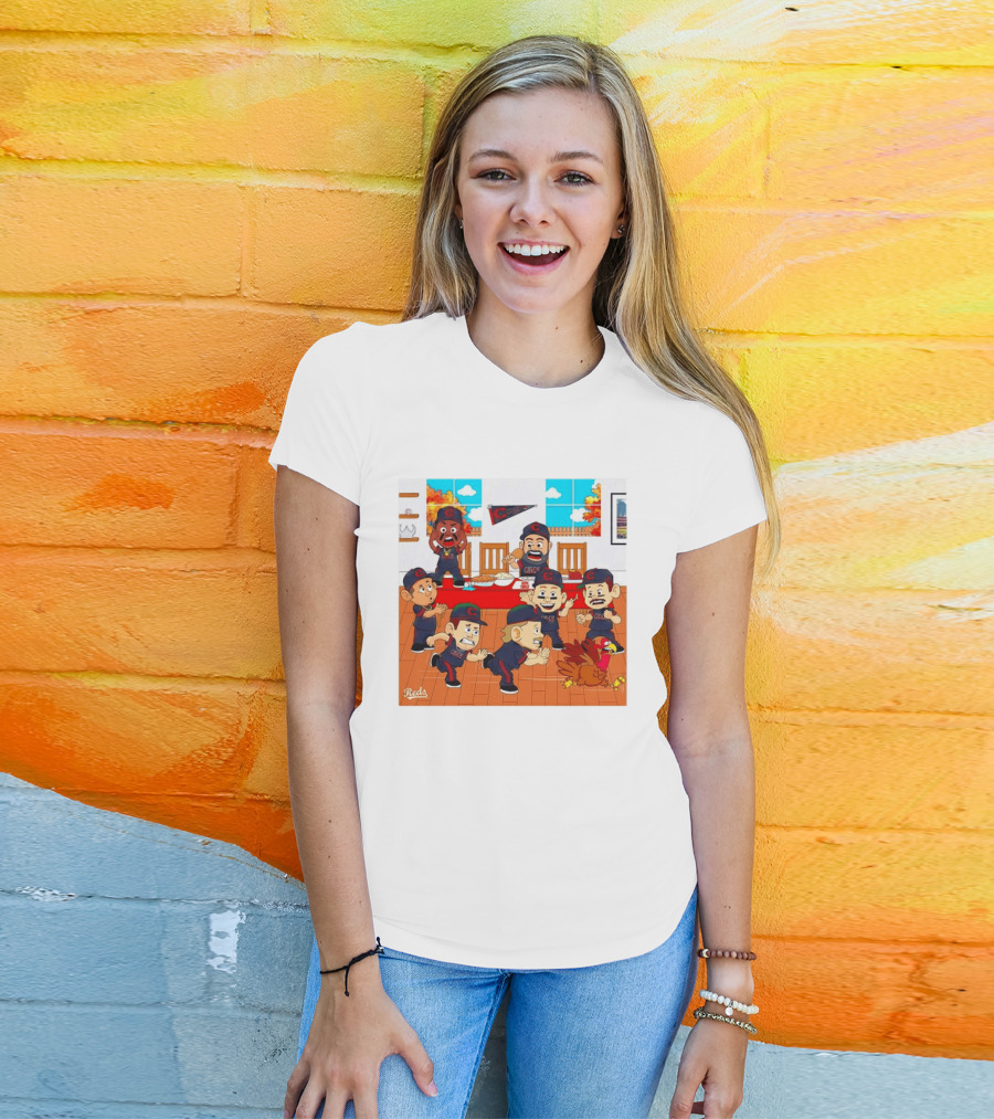 Cincinnati Reds Thanksgiving Chaos Cartoon Scene With Characters And Turkey T-Shirt