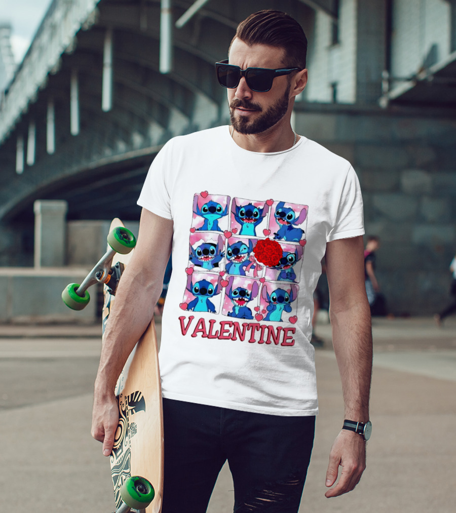 Disney Stitch Rose Flowers Valentine Love Hearts Happy Day T-Shirt
