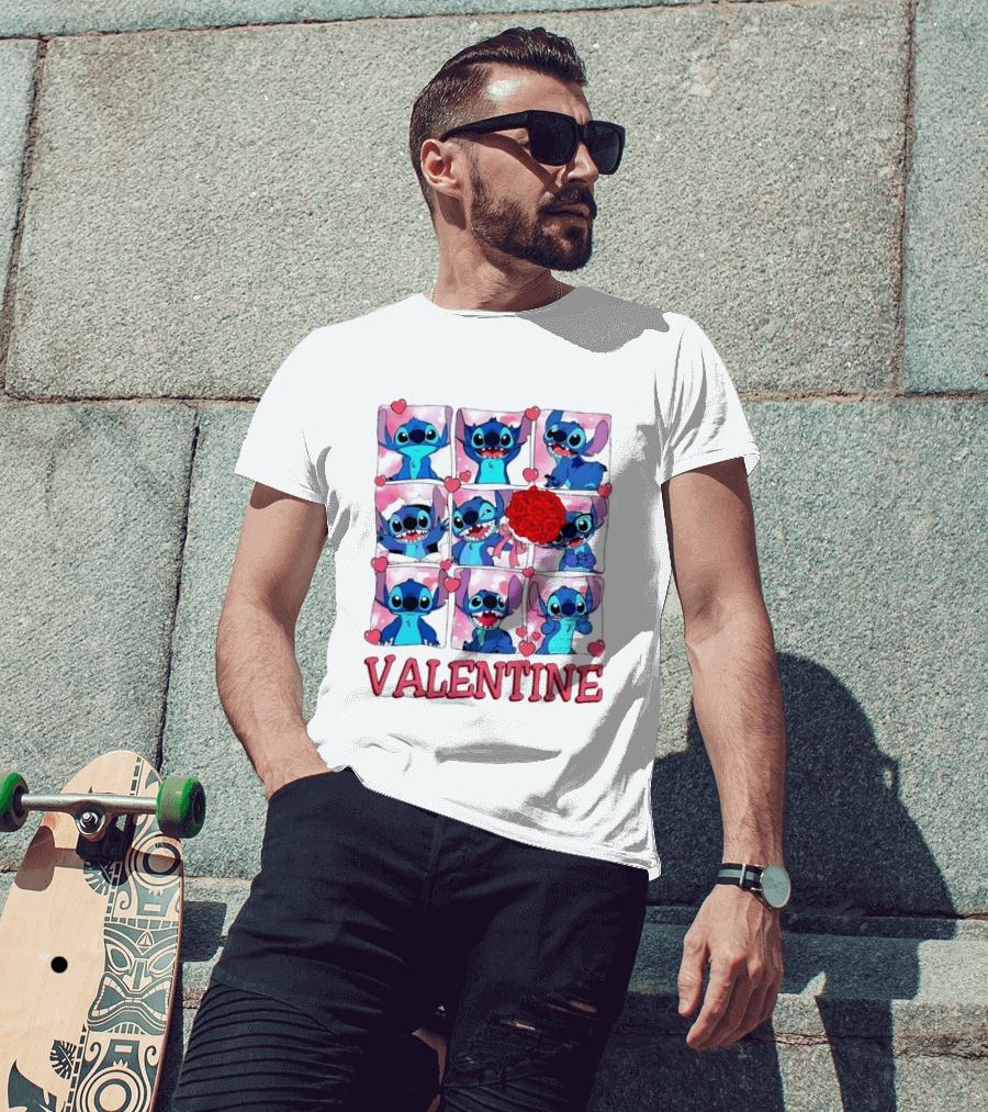 Disney Stitch Rose Flowers Valentine Love Hearts Happy Day T-Shirt