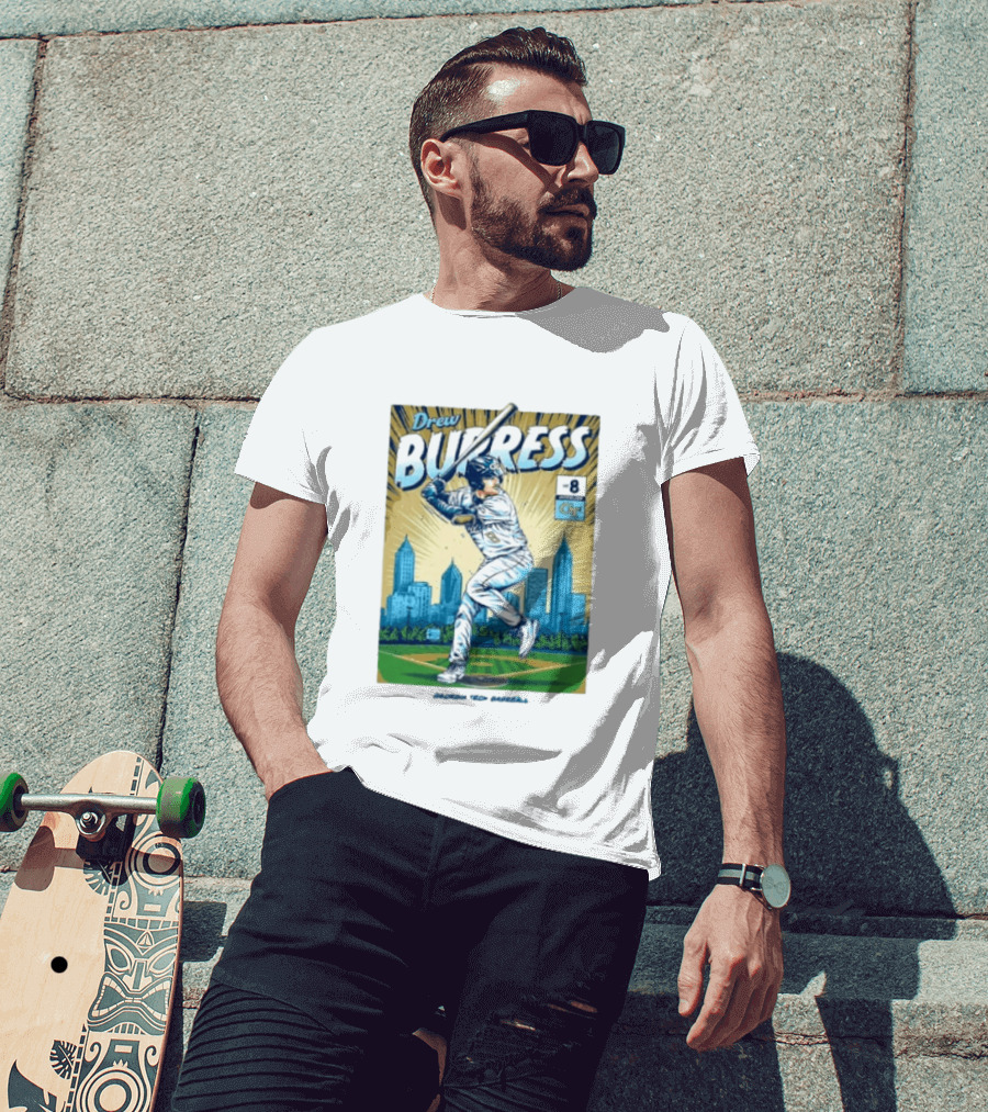 Drew Burress #8 Georgia Tech Baseball Comic Style Retro Cityscape T-Shirt