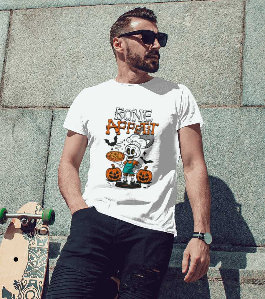 Bone Appetit Skeleton Chef Halloween Pizza Pumpkin Bats T-Shirt