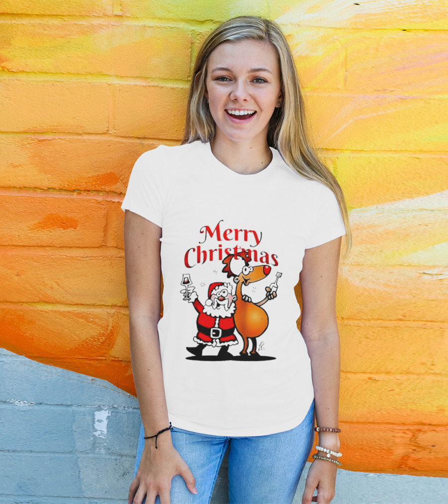 Merry Christmas Santa Claus And Reindeer Toast With Drinks T-Shirt