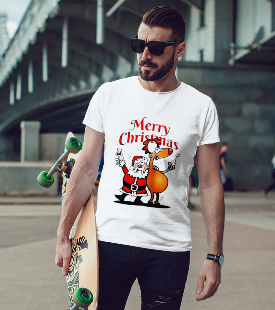 Merry Christmas Santa Claus And Reindeer Toast With Drinks T-Shirt