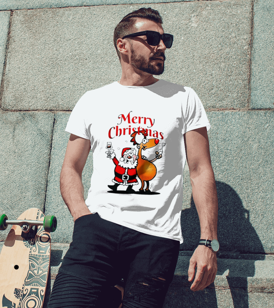 Merry Christmas Santa Claus And Reindeer Toast With Drinks T-Shirt