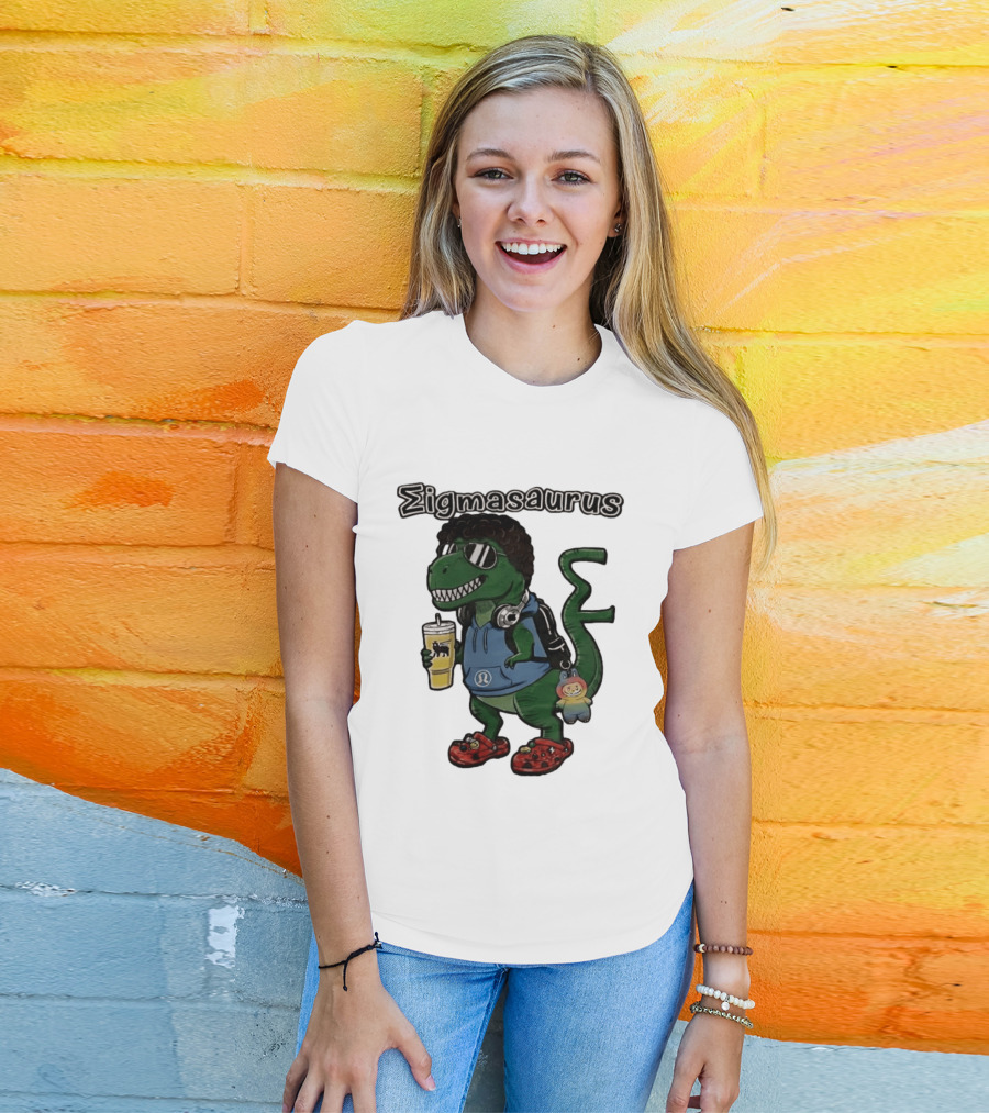 Sigmasaurus Rex Dinosaur Meme With Afro Sunglasses Headphones And Drink T-Shirt