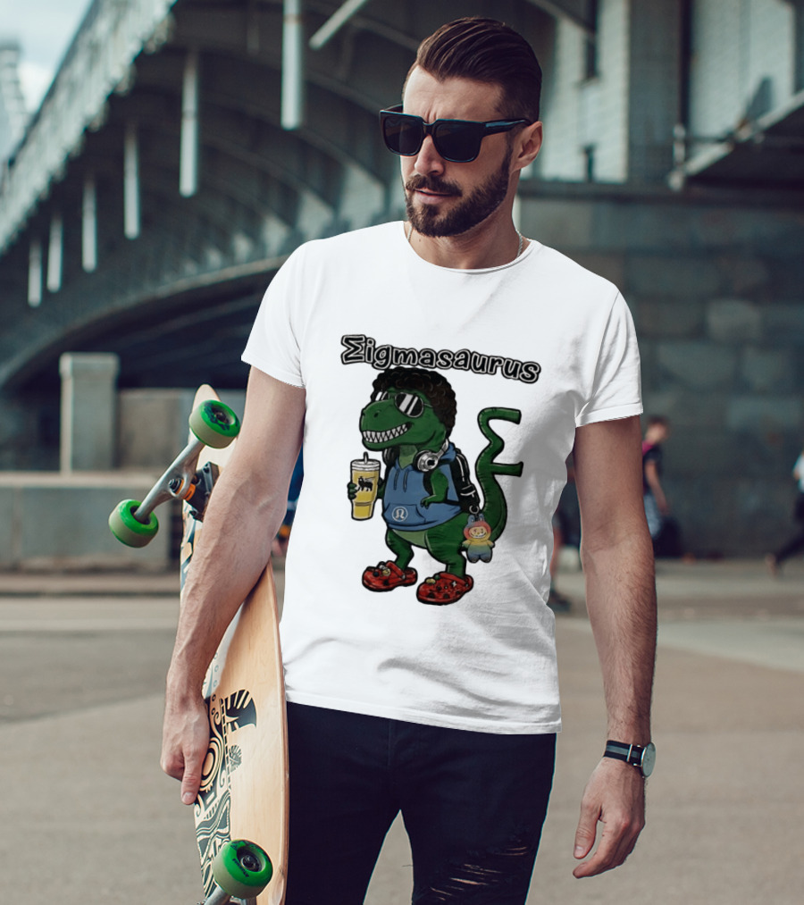 Sigmasaurus Rex Dinosaur Meme With Afro Sunglasses Headphones And Drink T-Shirt