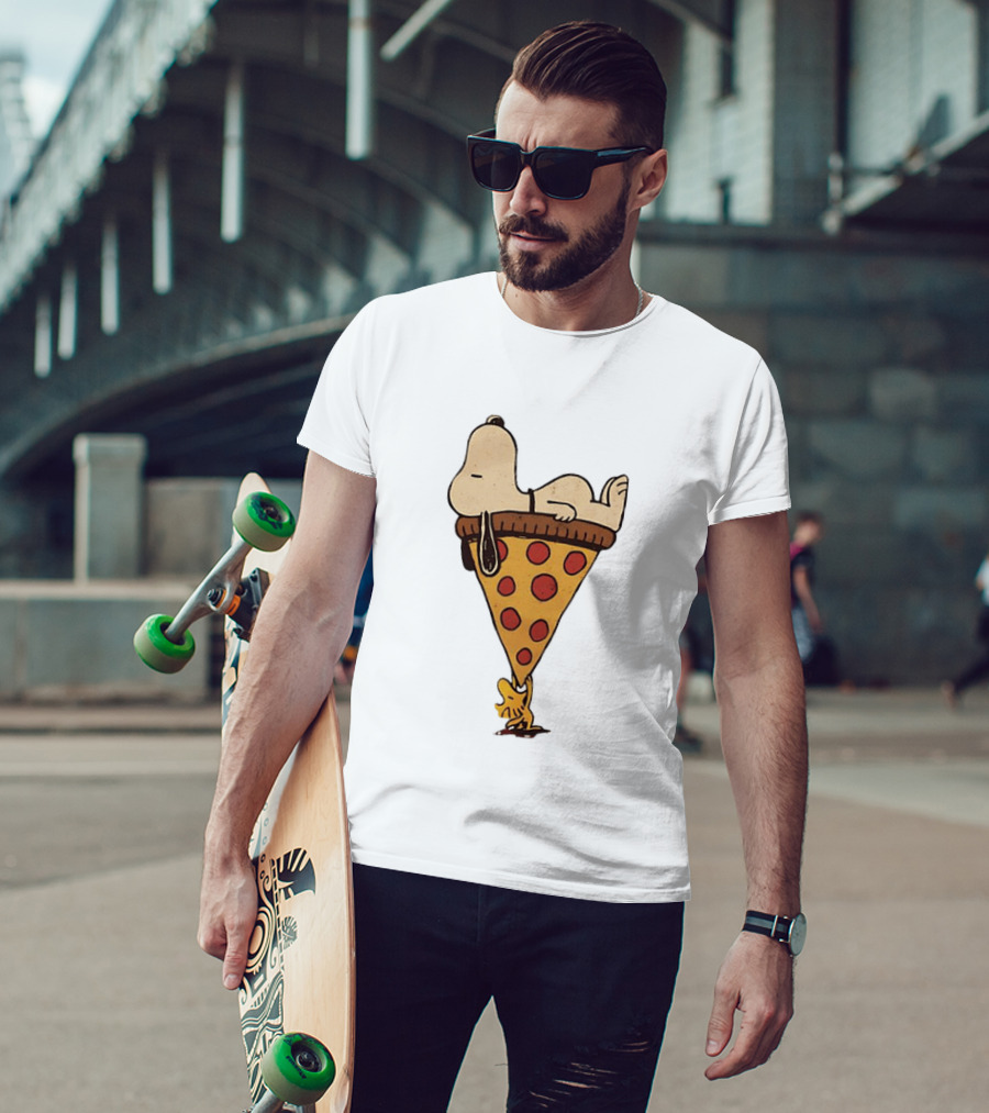 Snoopy Relaxing On Giant Pizza Slice With Woodstock Peanuts Collection T-Shirt