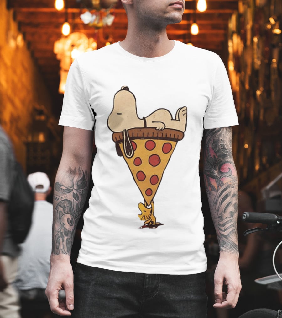 Snoopy Relaxing On Giant Pizza Slice With Woodstock Peanuts Collection T-Shirt