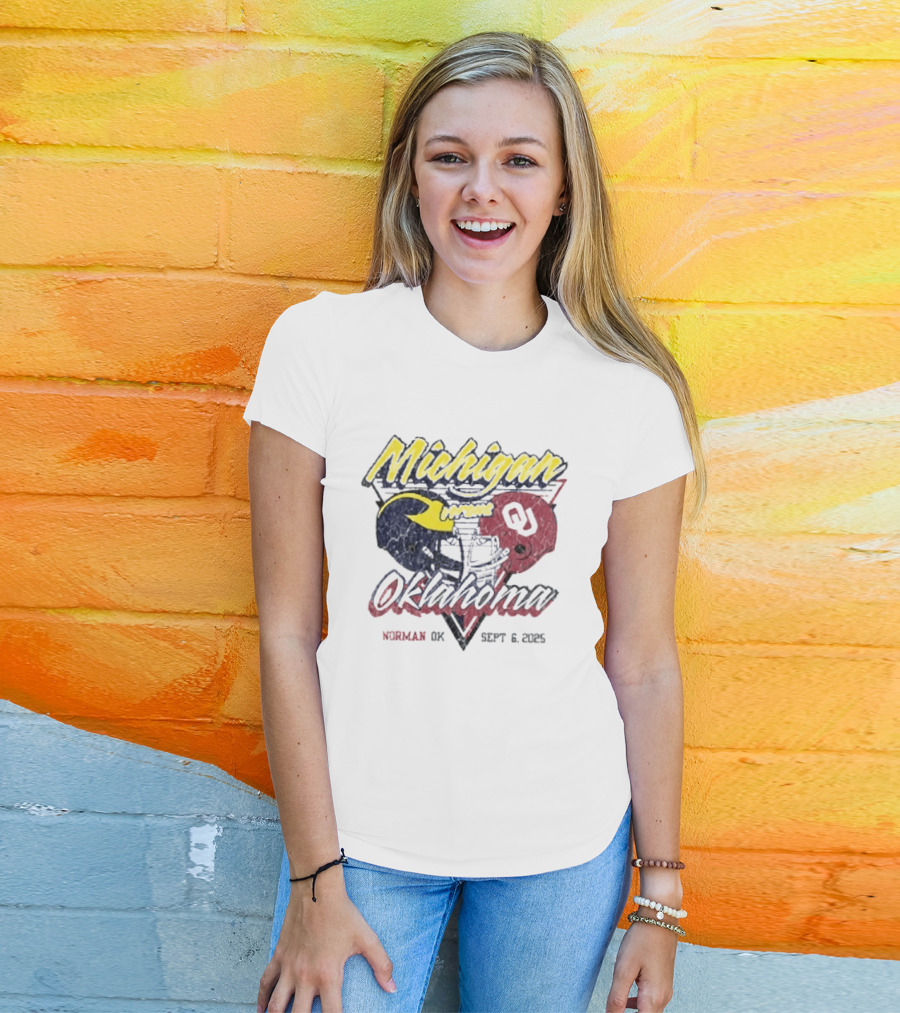 Oklahoma Sooners Vs Michigan Wolverines Football Helmet Norman OK September 6 2025 T-Shirt