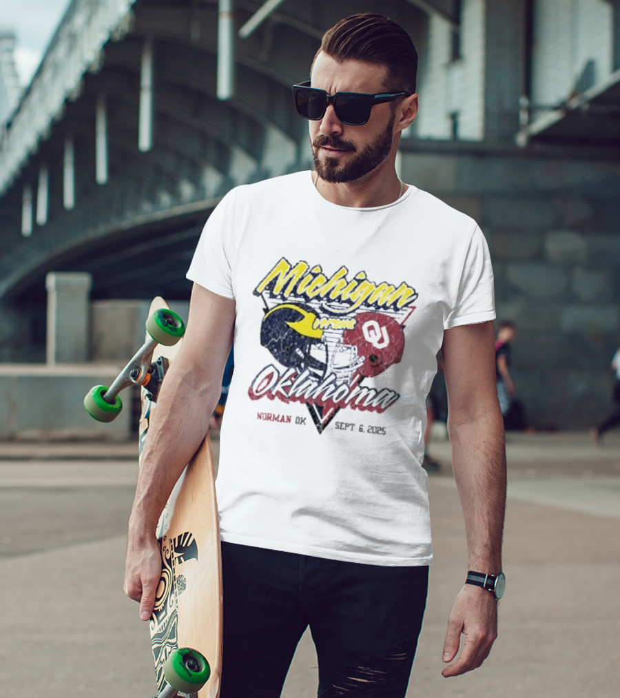 Oklahoma Sooners Vs Michigan Wolverines Football Helmet Norman OK September 6 2025 T-Shirt