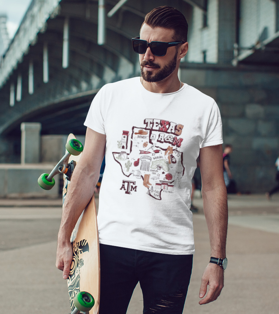 Texas A&M Aggies Map With Iconic Symbols And Landmarks T-Shirt