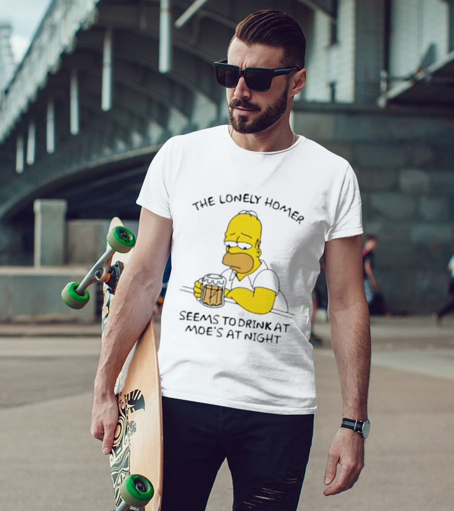 The Lonely Homer Drinking At Moe's Tavern Mood Nighttime Scene T-Shirt