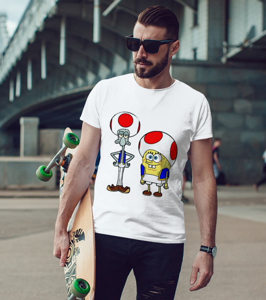Toad Squidward Spongebob Crossover Super Mario Game Characters T-Shirt